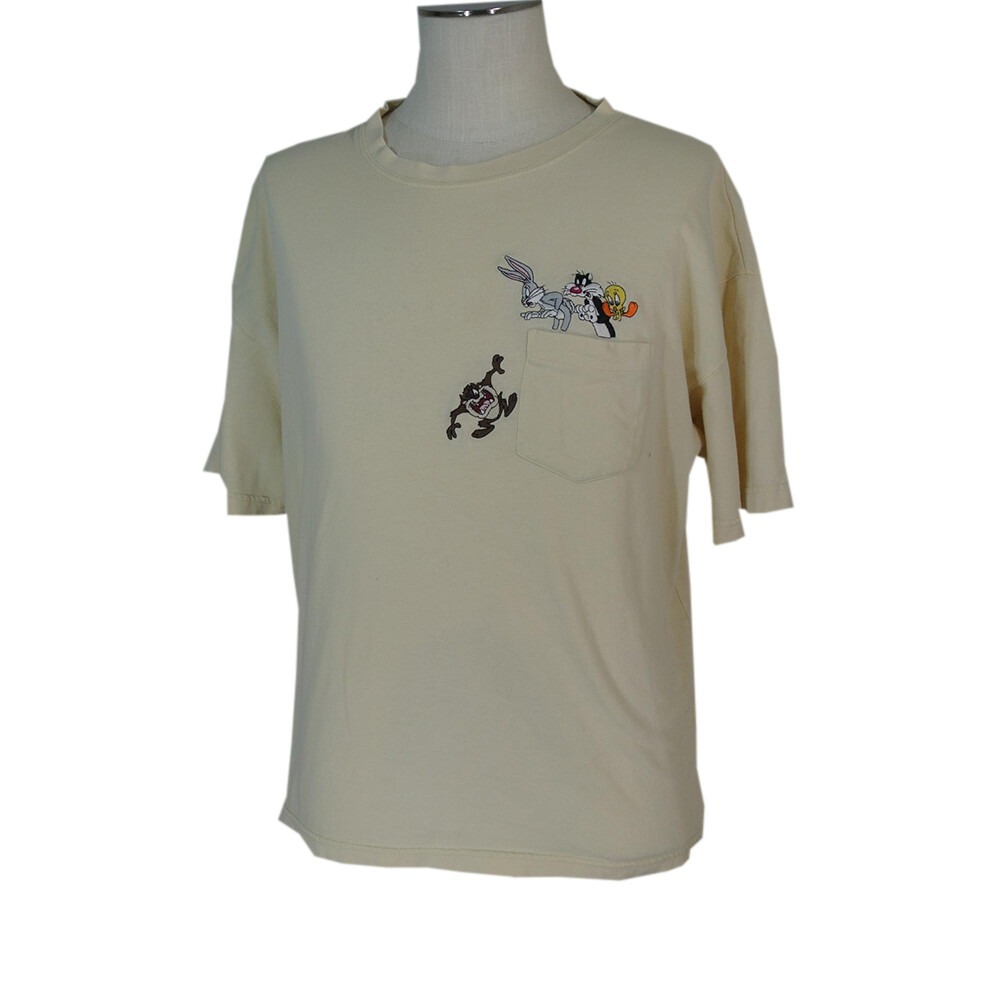 Warner Bros T-Shirt Men XL Beige Looney Tunes Embroidered Pocket Tee Taz Bugs